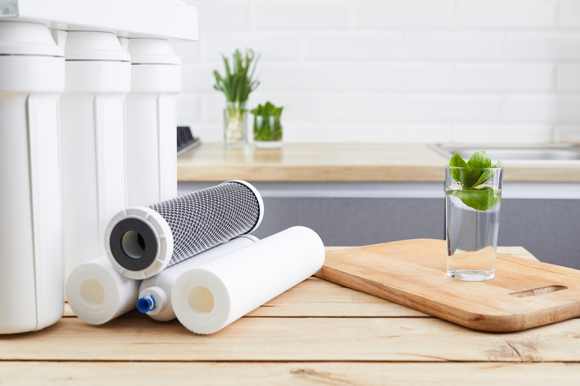 Glass of water with green leaves on a wooden cutting board next to water filter cartridges on a kitchen counter.
