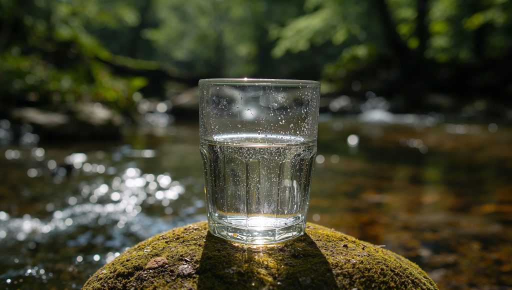 The image features a glass of clear liquid, possibly water, resting on a mossy surface, set against a blurred backdrop of green foliage and shimmering water.