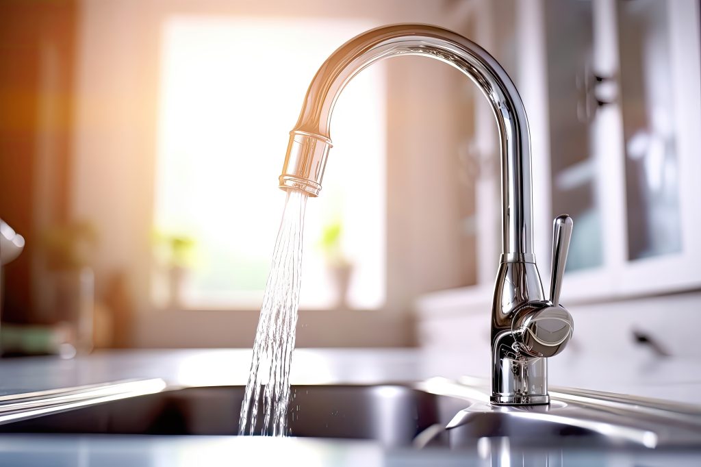 A kitchen sink with a faucet running water into it.