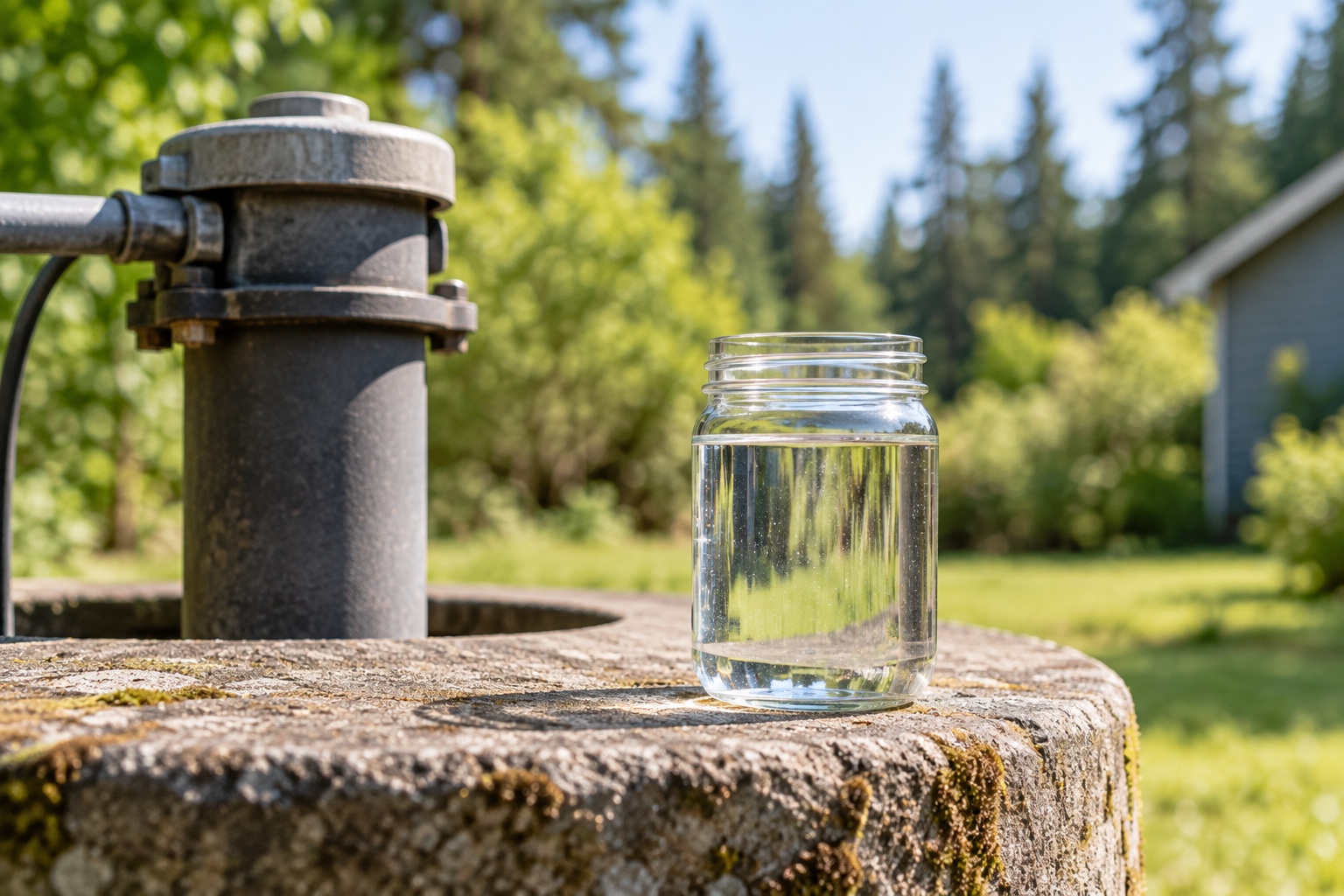 Clear glass jar of well water beside a wellhead, with green trees and a residential yard in the background.